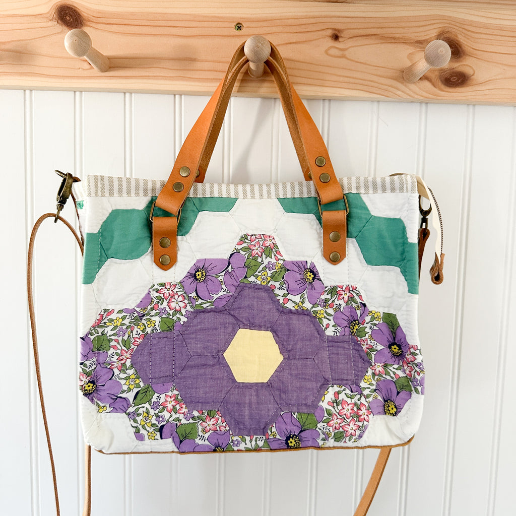 Boxy Bible Bag Vintage Grandmothers Garden Quilt with Leather Handles and Crossbody Strap