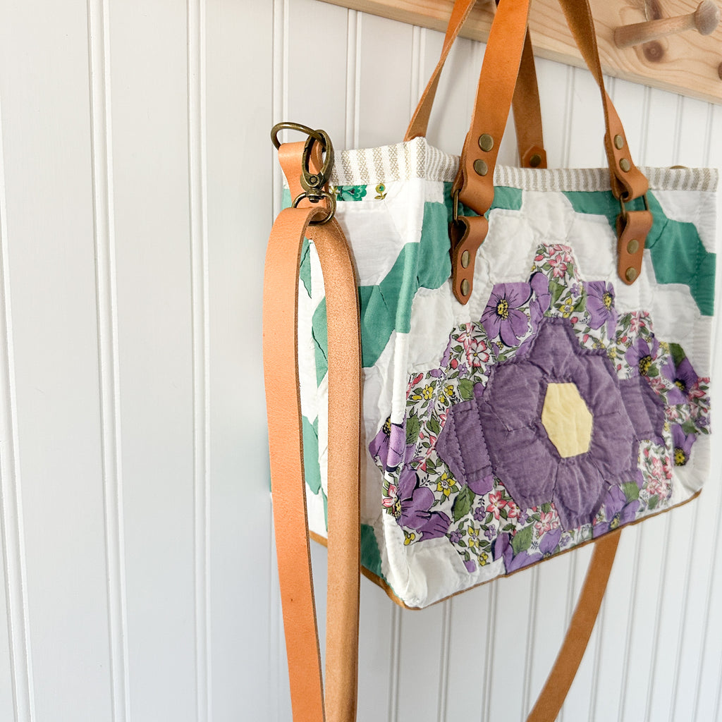 Boxy Bible Bag Vintage Grandmothers Garden Quilt with Leather Handles and Crossbody Strap