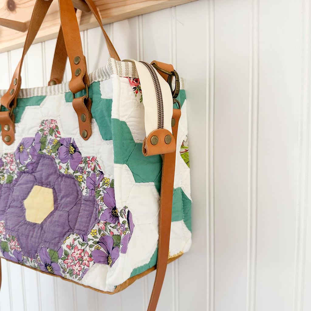 Boxy Bible Bag Vintage Grandmothers Garden Quilt with Leather Handles and Crossbody Strap