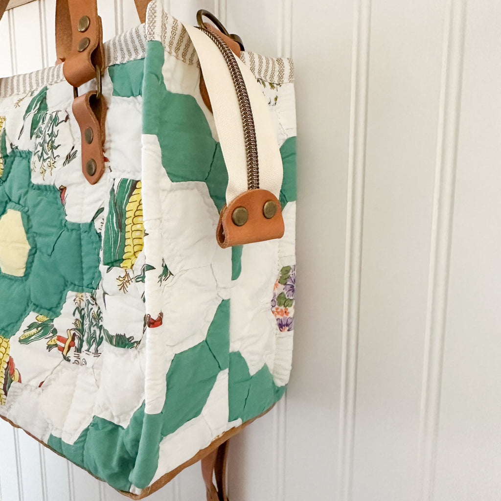 Boxy Bible Bag Vintage Grandmothers Garden Quilt with Leather Handles and Crossbody Strap
