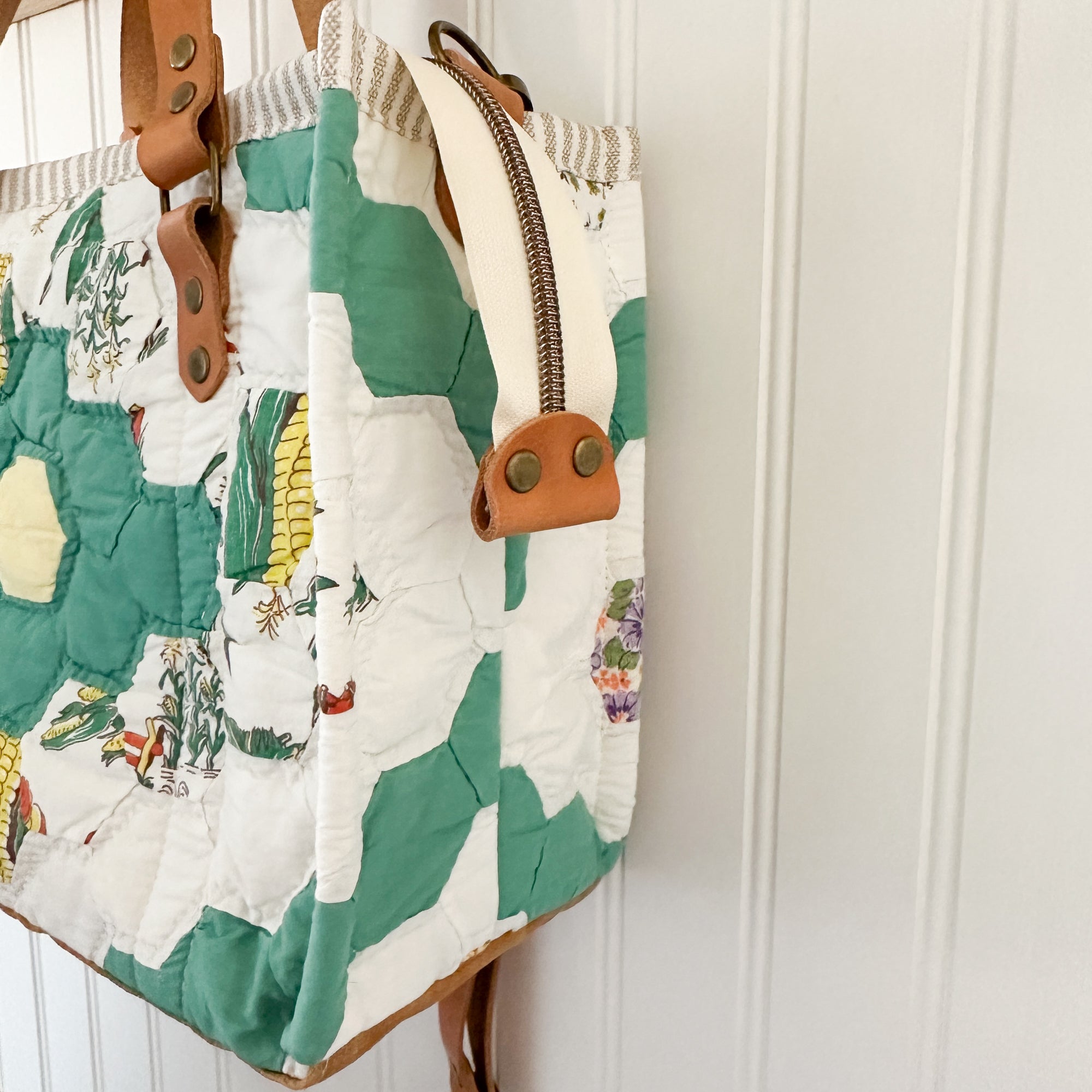 Boxy Bible Bag Vintage Grandmothers Garden Quilt with Leather Handles and Crossbody Strap