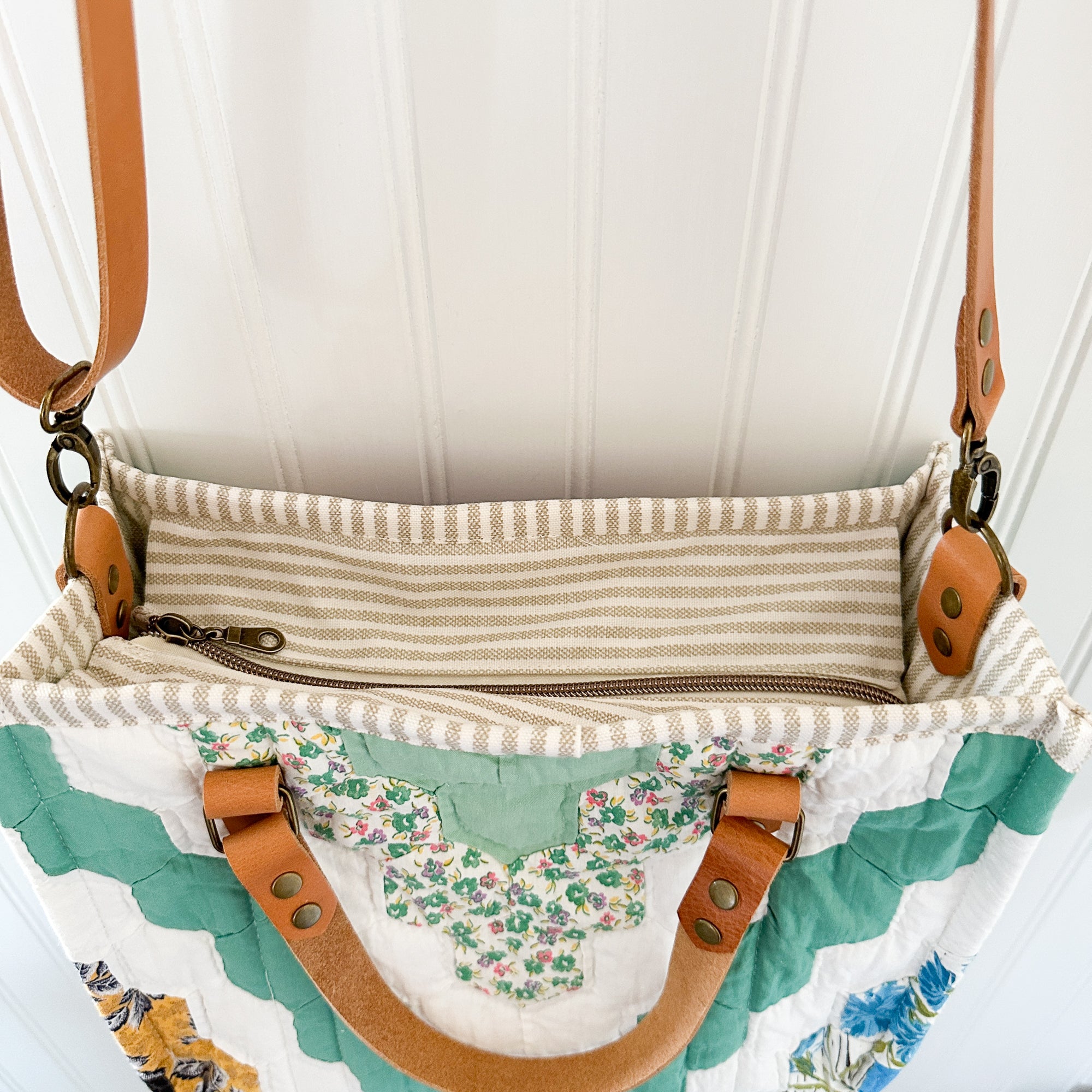 Boxy Bible Bag Vintage Grandmothers Garden Quilt with Leather Handles and Crossbody Strap