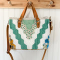 Boxy Bible Bag Vintage Grandmothers Garden Quilt with Leather Handles and Crossbody Strap