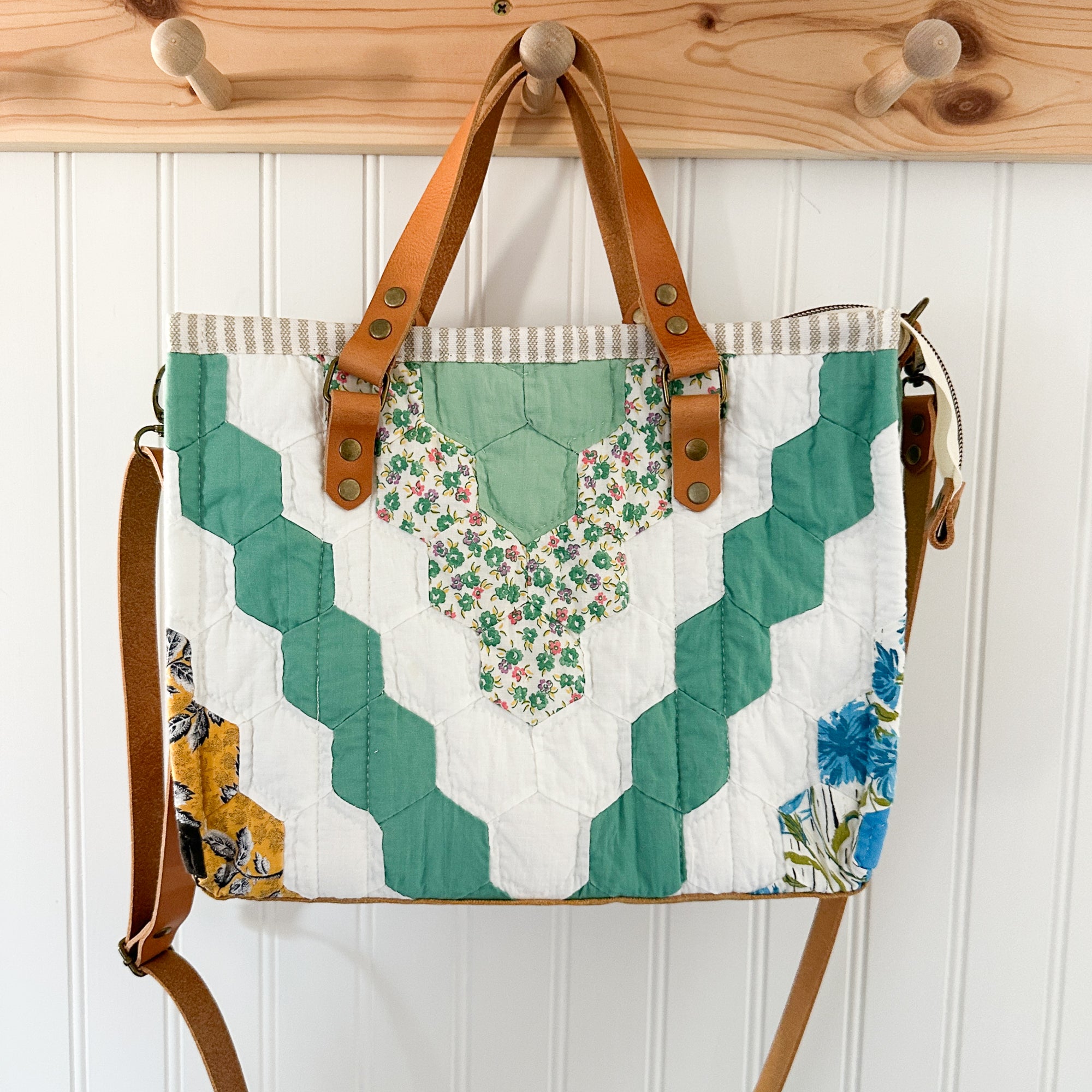 Boxy Bible Bag Vintage Grandmothers Garden Quilt with Leather Handles and Crossbody Strap