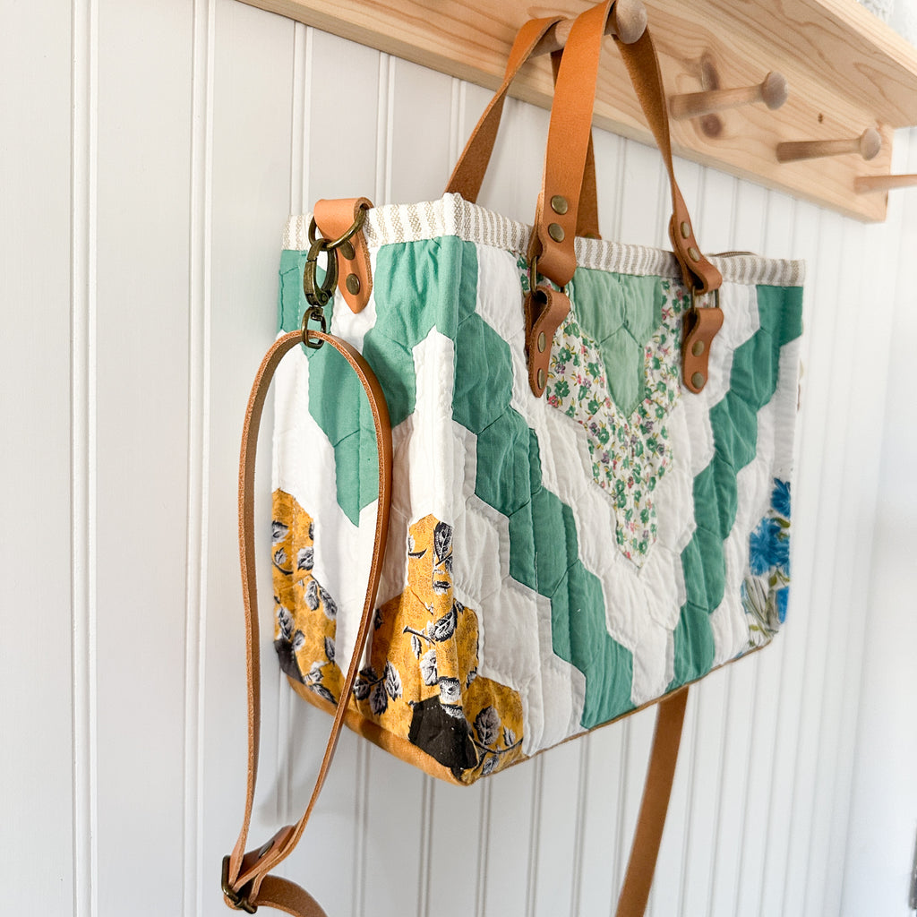 Boxy Bible Bag Vintage Grandmothers Garden Quilt with Leather Handles and Crossbody Strap