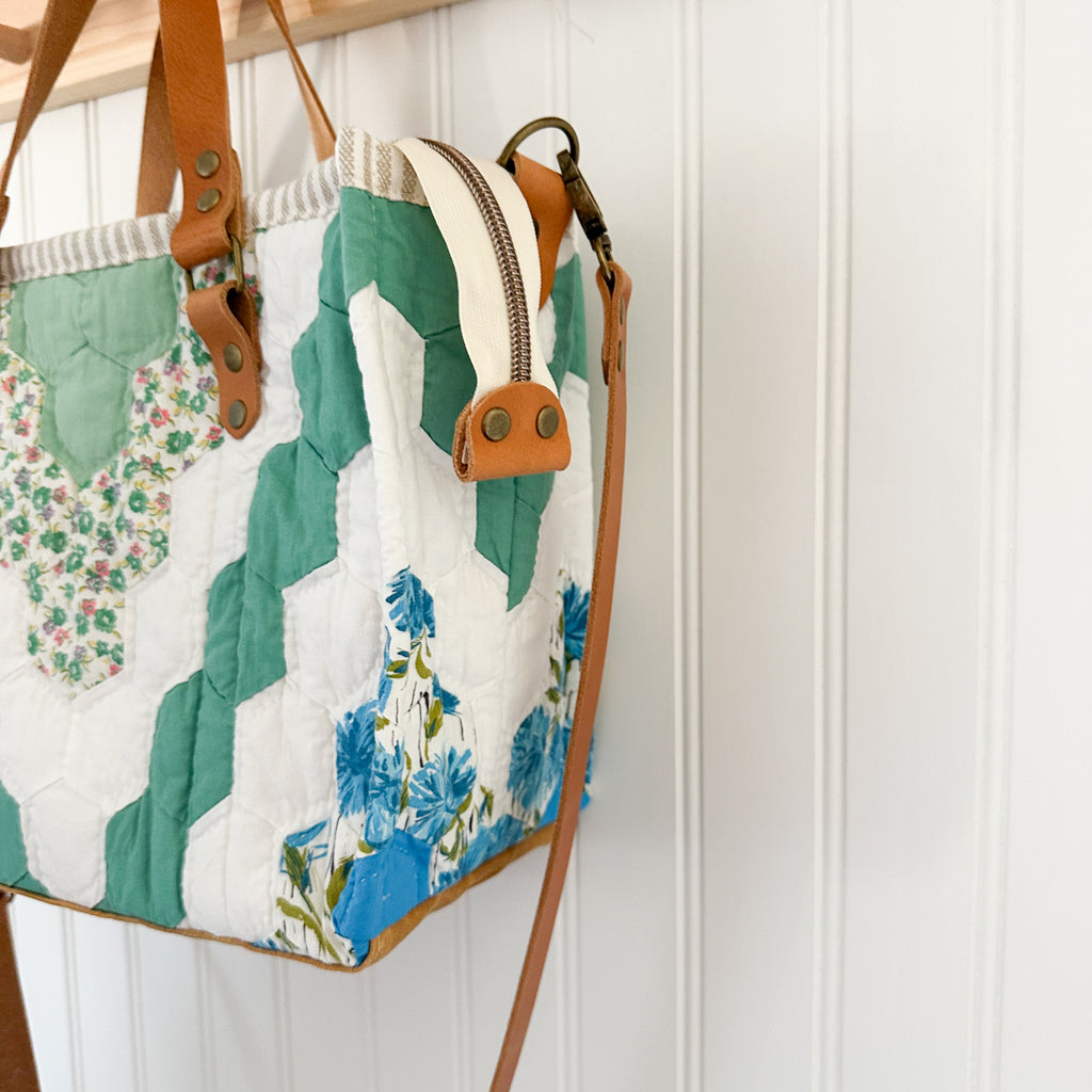 Boxy Bible Bag Vintage Grandmothers Garden Quilt with Leather Handles and Crossbody Strap