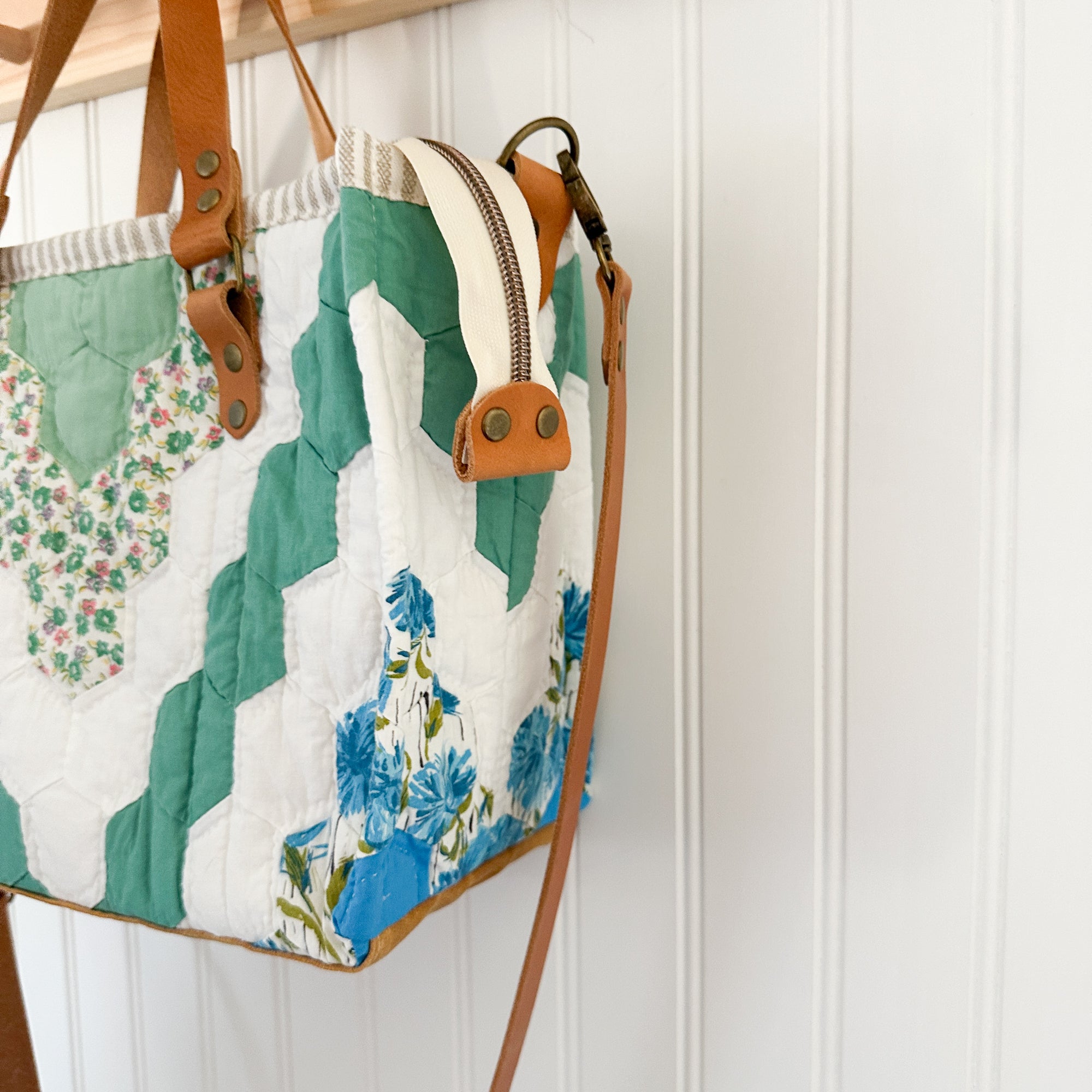 Boxy Bible Bag Vintage Grandmothers Garden Quilt with Leather Handles and Crossbody Strap