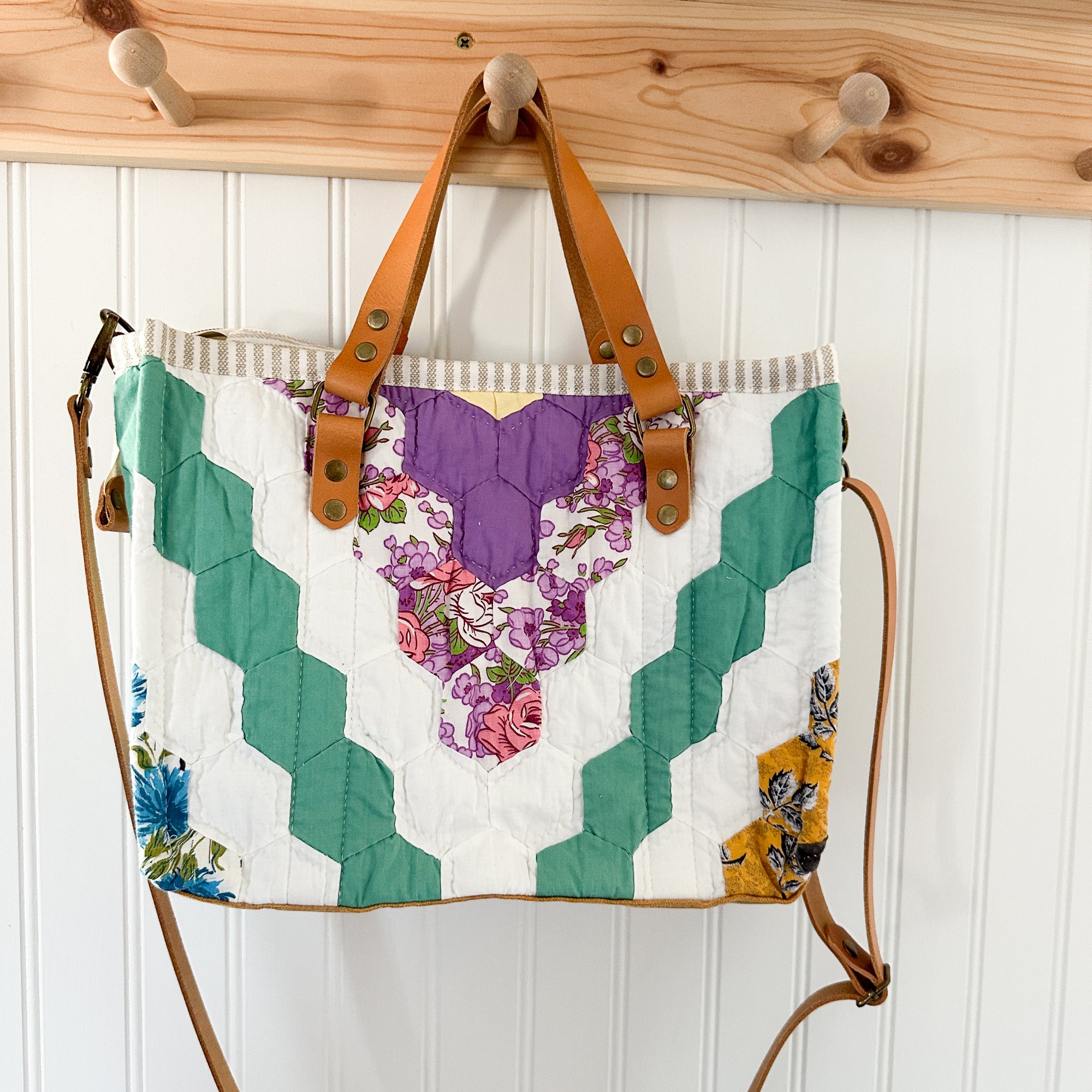Boxy Bible Bag Vintage Grandmothers Garden Quilt with Leather Handles and Crossbody Strap