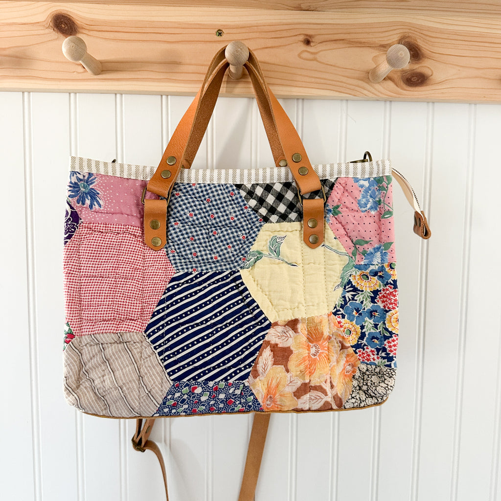 Boxy Bible Bag Vintage Grandmothers Garden Quilt with Leather Handles and Crossbody Strap