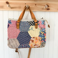 Boxy Bible Bag Vintage Grandmothers Garden Quilt with Leather Handles and Crossbody Strap