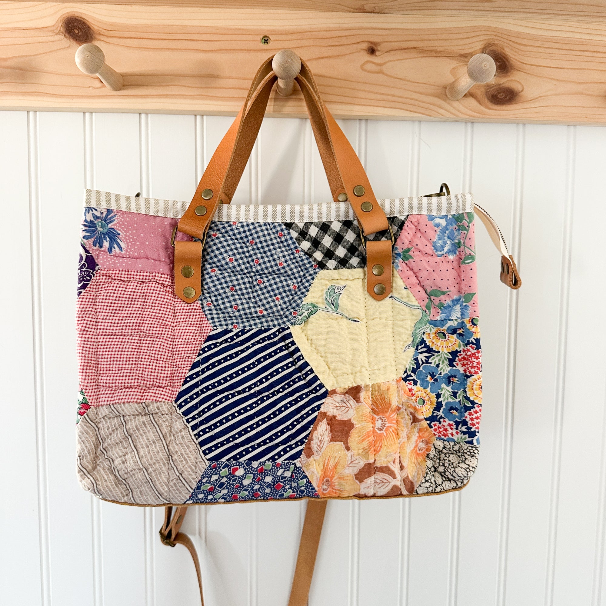Boxy Bible Bag Vintage Grandmothers Garden Quilt with Leather Handles and Crossbody Strap
