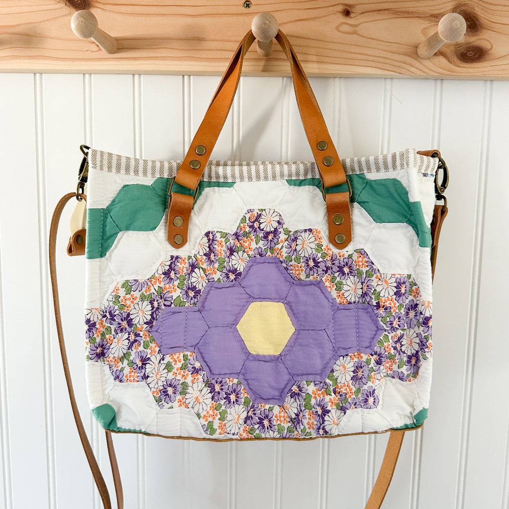 Boxy Bible Bag Vintage Grandmothers Garden Quilt with Leather Handles and Crossbody Strap