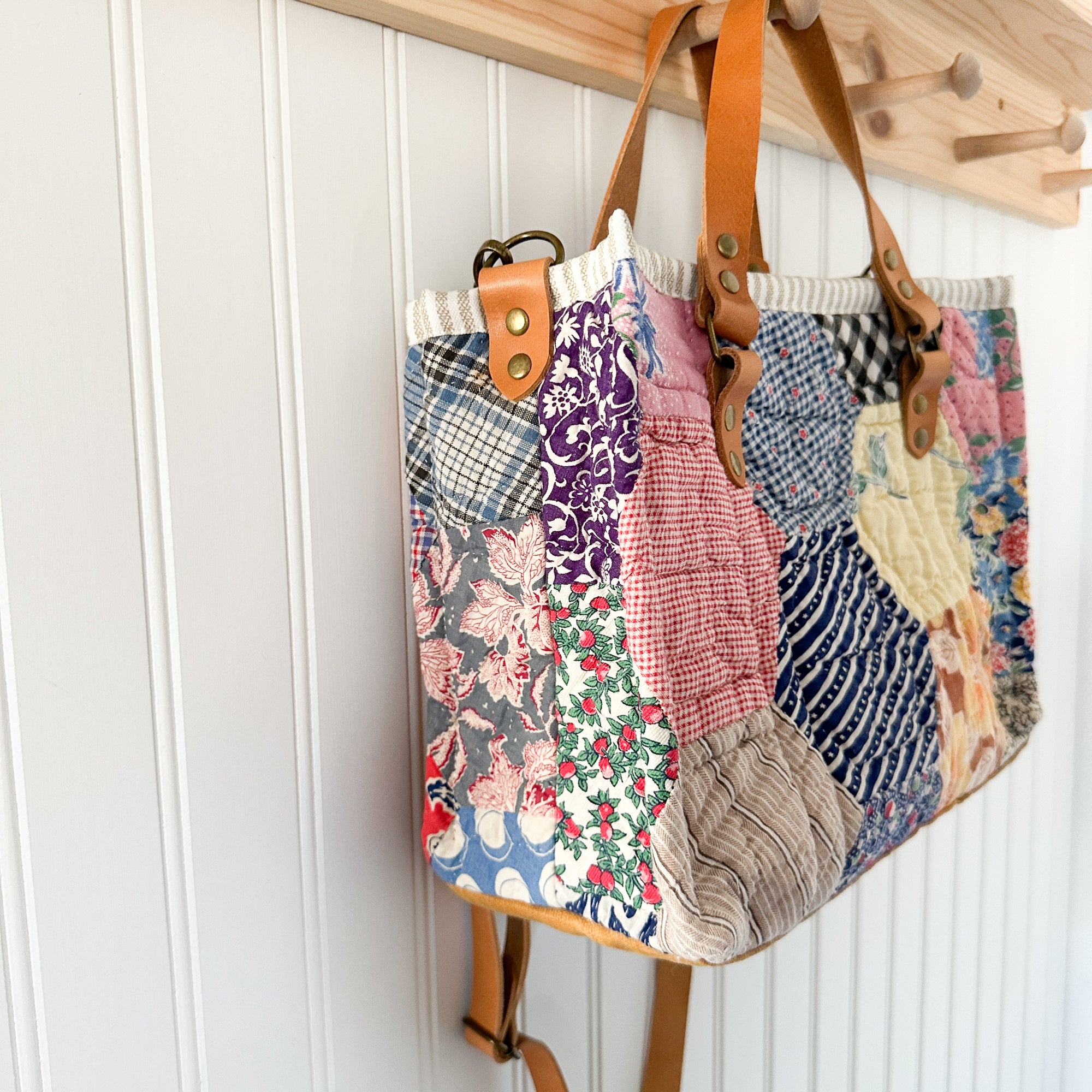 Boxy Bible Bag Vintage Grandmothers Garden Quilt with Leather Handles and Crossbody Strap
