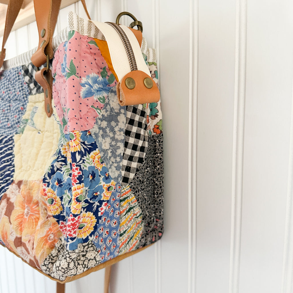 Boxy Bible Bag Vintage Grandmothers Garden Quilt with Leather Handles and Crossbody Strap