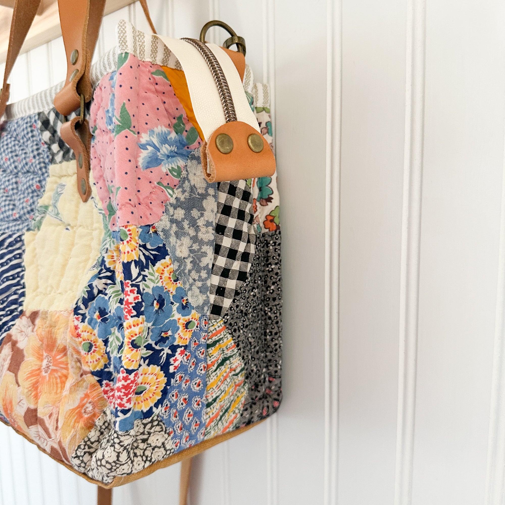 Boxy Bible Bag Vintage Grandmothers Garden Quilt with Leather Handles and Crossbody Strap