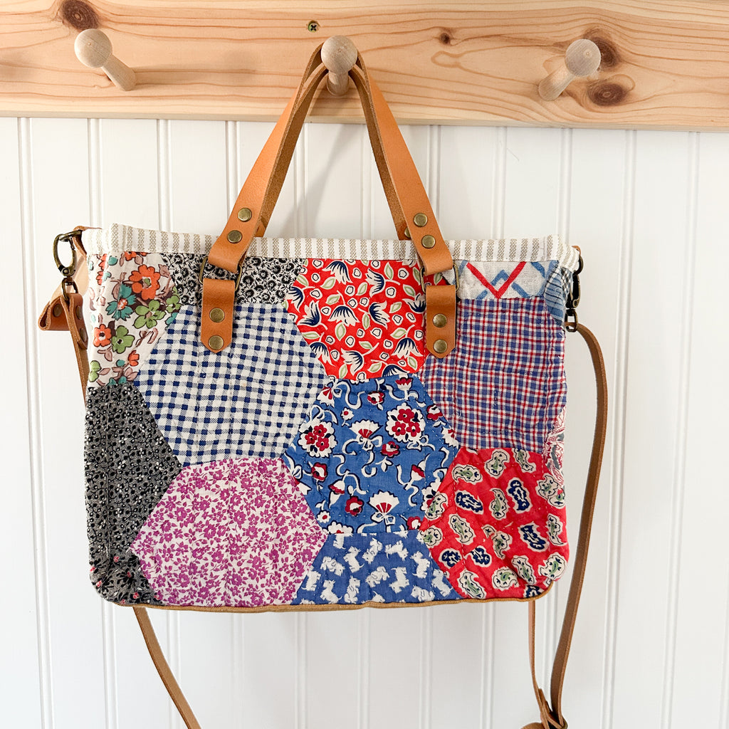 Boxy Bible Bag Vintage Grandmothers Garden Quilt with Leather Handles and Crossbody Strap
