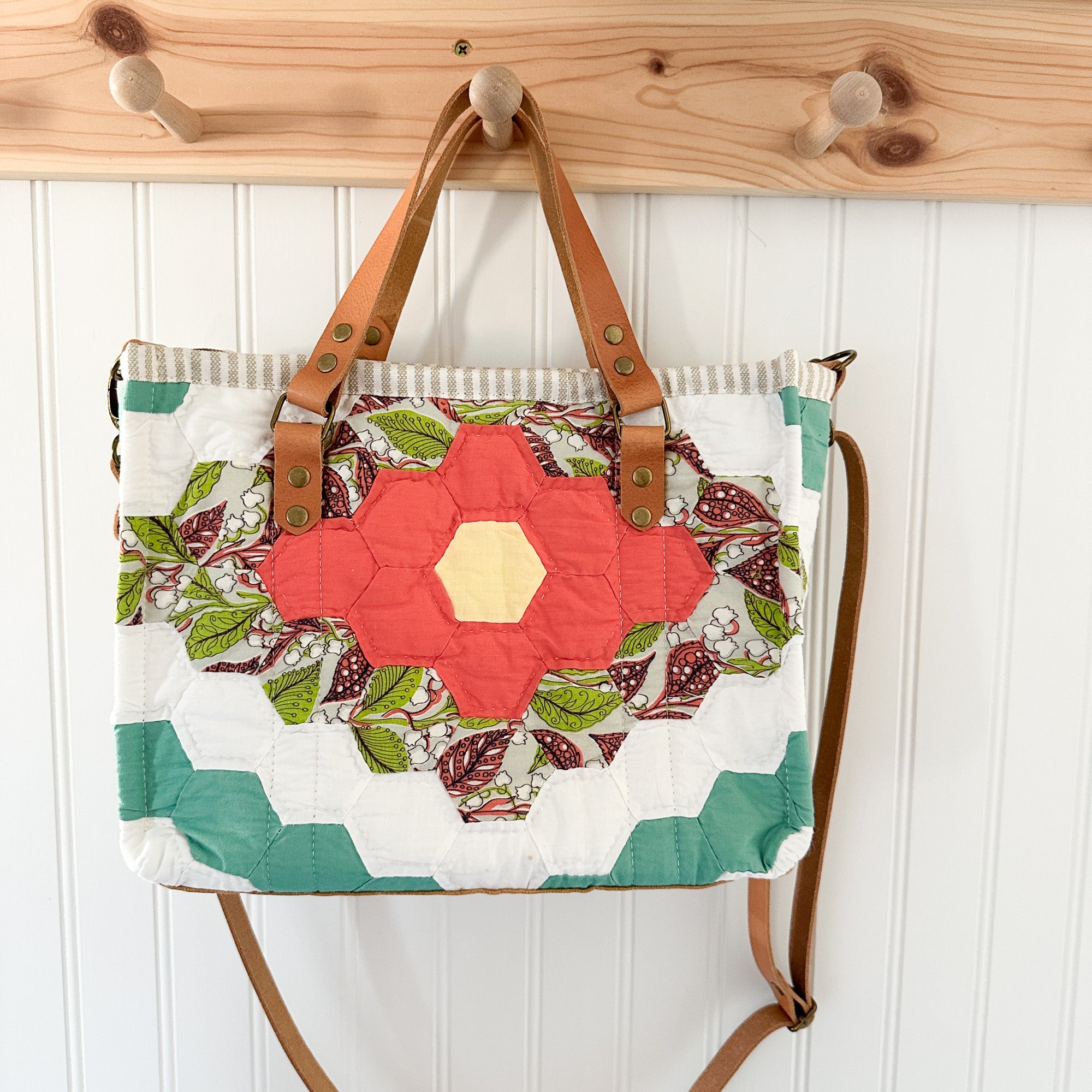 Boxy Bible Bag Vintage Grandmothers Garden Quilt with Leather Handles and Crossbody Strap