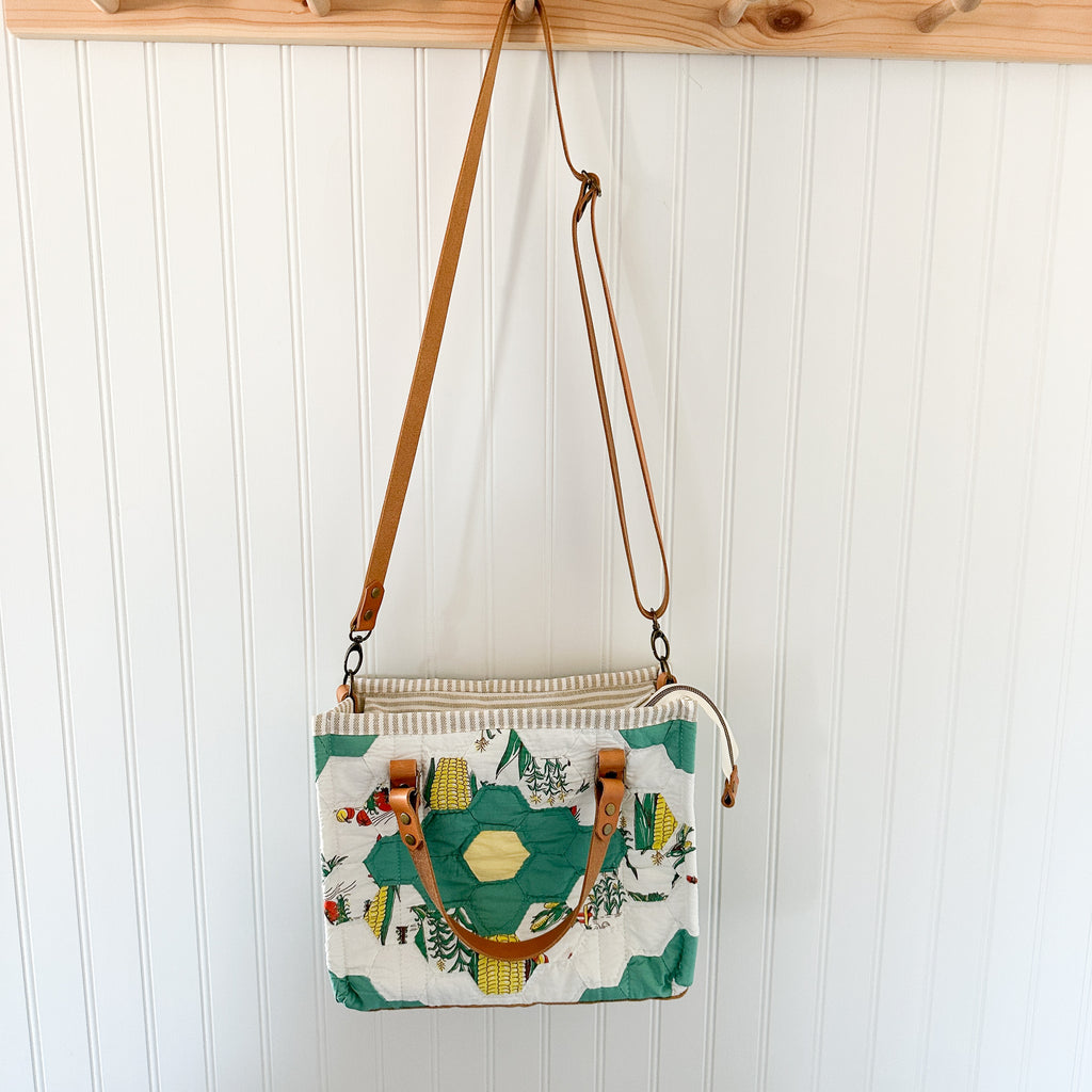 Boxy Bible Bag Vintage Grandmothers Garden Quilt with Leather Handles and Crossbody Strap