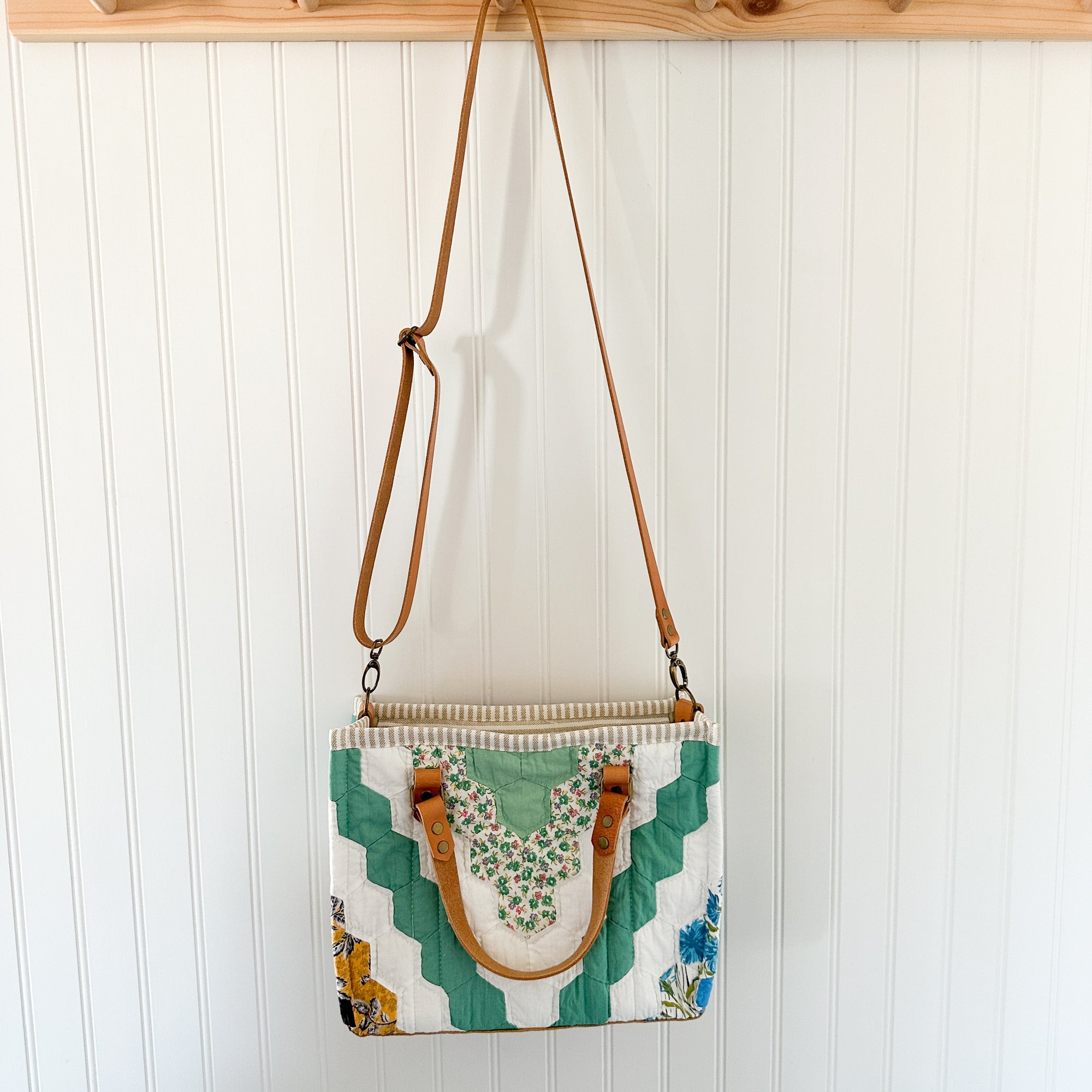 Boxy Bible Bag Vintage Grandmothers Garden Quilt with Leather Handles and Crossbody Strap