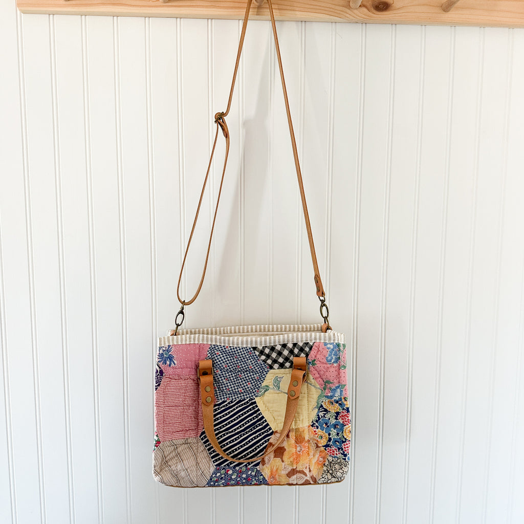 Boxy Bible Bag Vintage Grandmothers Garden Quilt with Leather Handles and Crossbody Strap