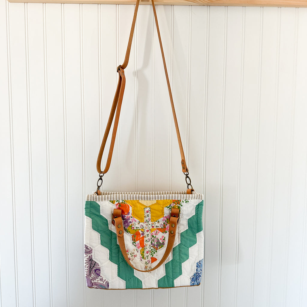 Boxy Bible Bag Vintage Grandmothers Garden Quilt with Leather Handles and Crossbody Strap