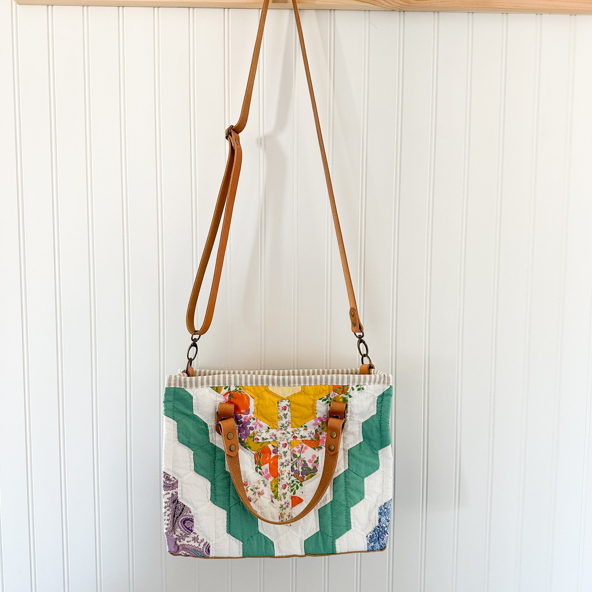 Boxy Bible Bag Vintage Grandmothers Garden Quilt with Leather Handles and Crossbody Strap