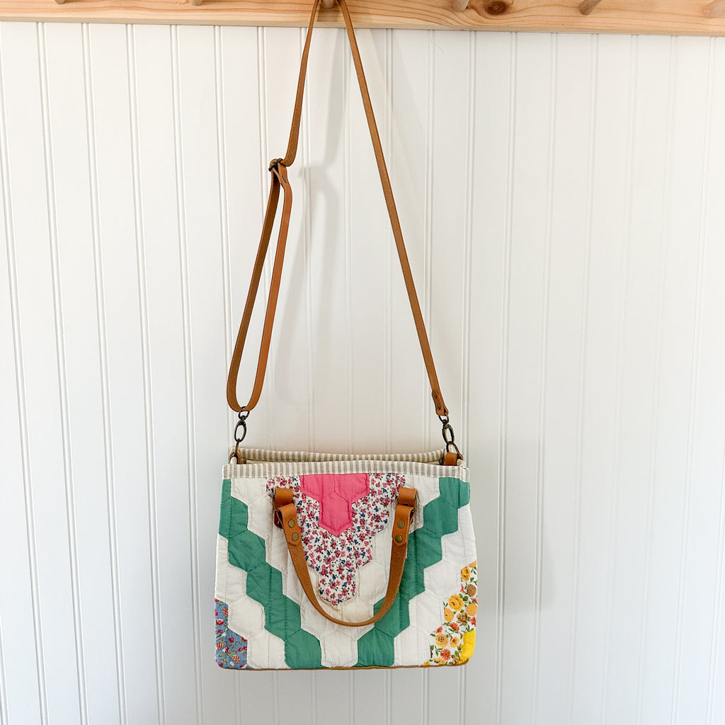 Boxy Bible Bag Vintage Grandmothers Garden Quilt with Leather Handles and Crossbody Strap