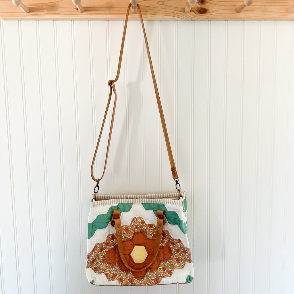 Boxy Bible Bag Vintage Grandmothers Garden Quilt with Leather Handles and Crossbody Strap