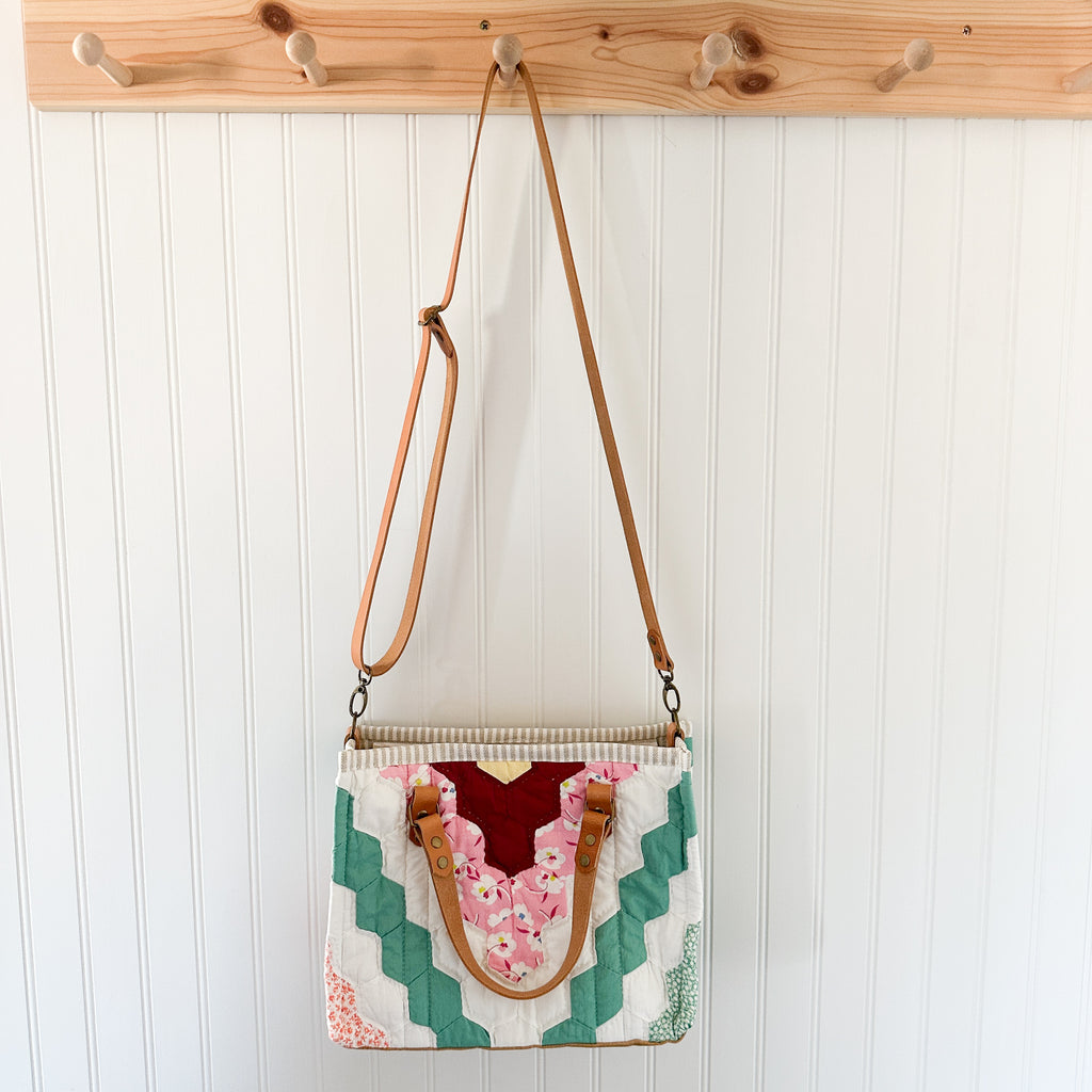 Boxy Bible Bag Vintage Grandmothers Garden Quilt with Leather Handles and Crossbody Strap