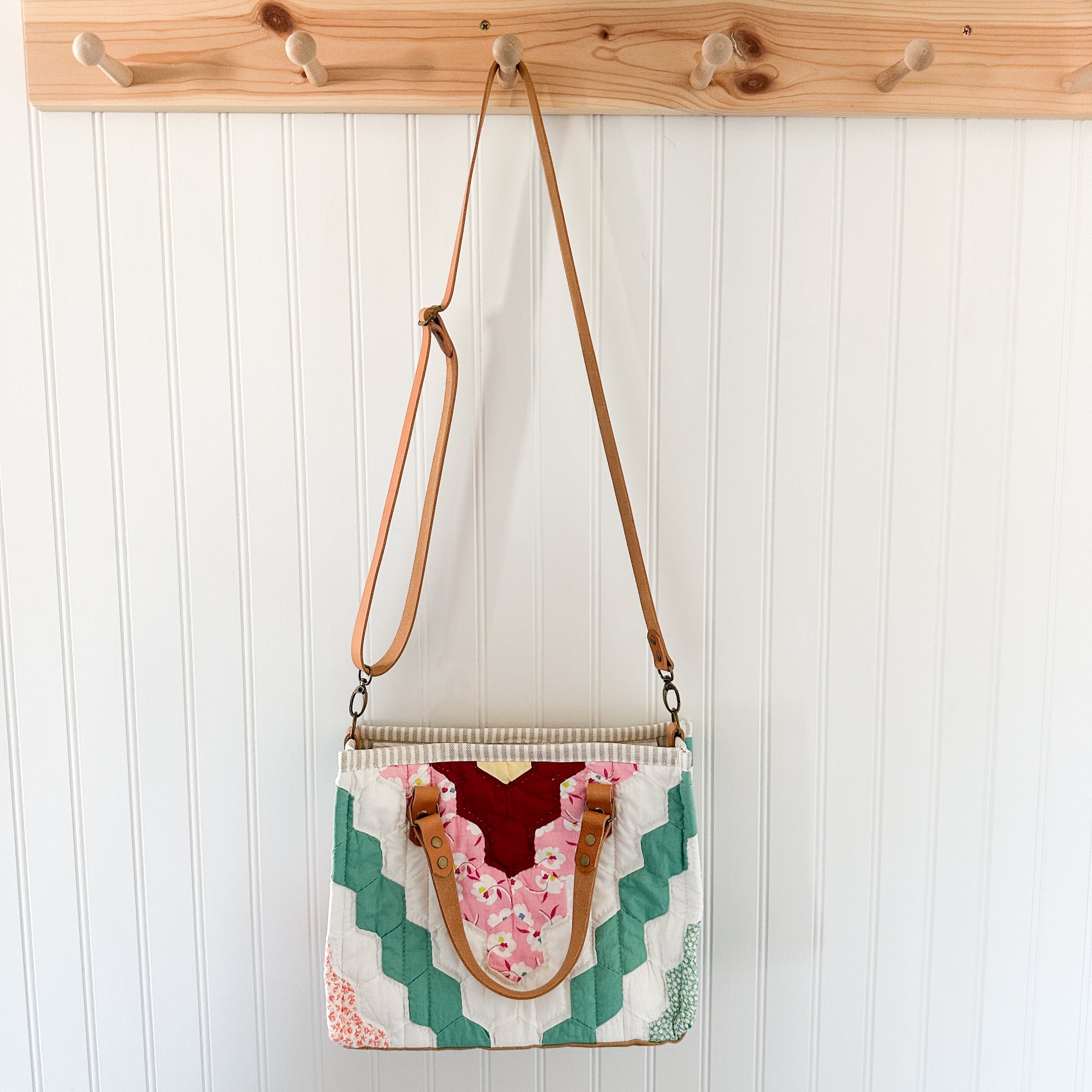 Boxy Bible Bag Vintage Grandmothers Garden Quilt with Leather Handles and Crossbody Strap