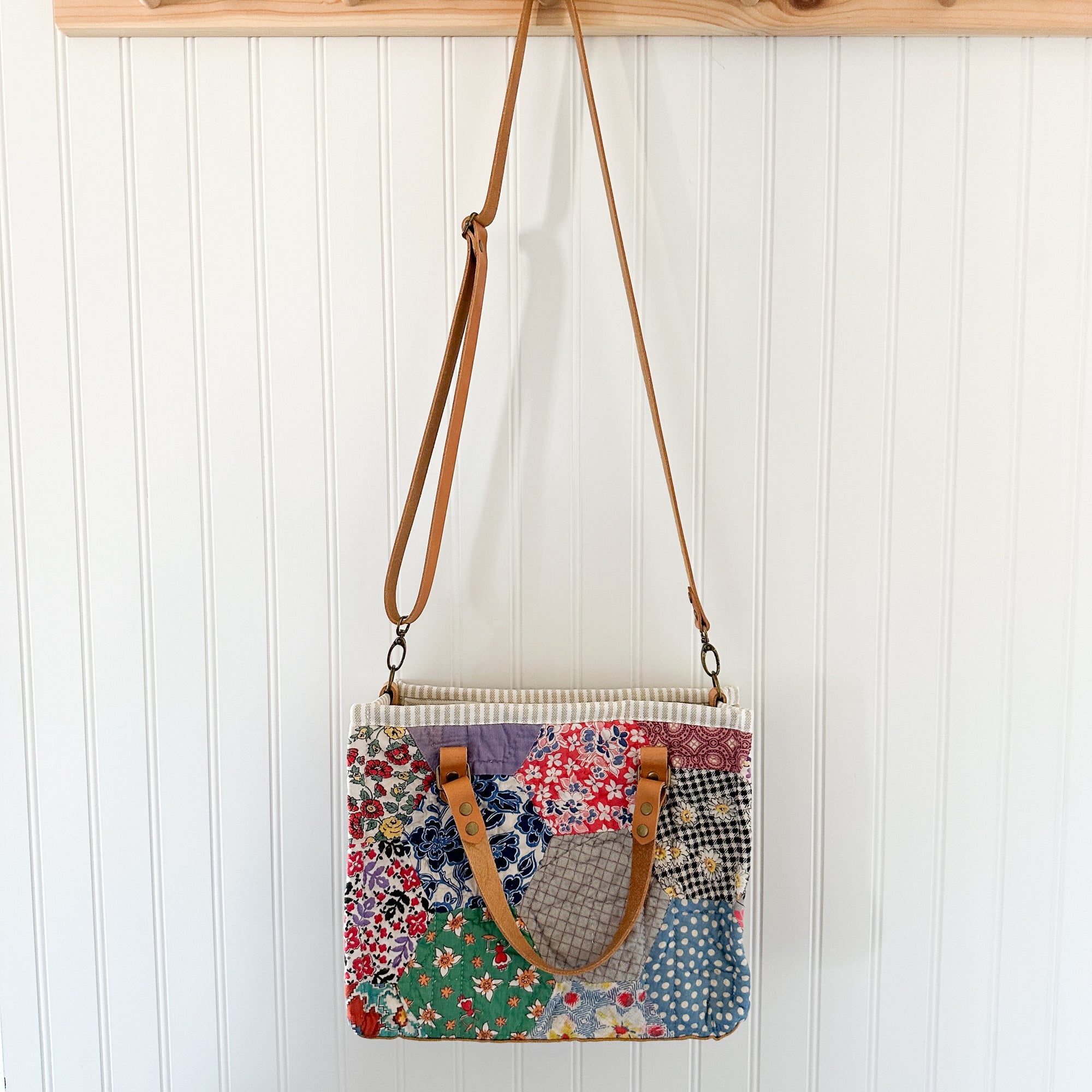 Boxy Bible Bag Vintage Grandmothers Garden Quilt with Leather Handles and Crossbody Strap