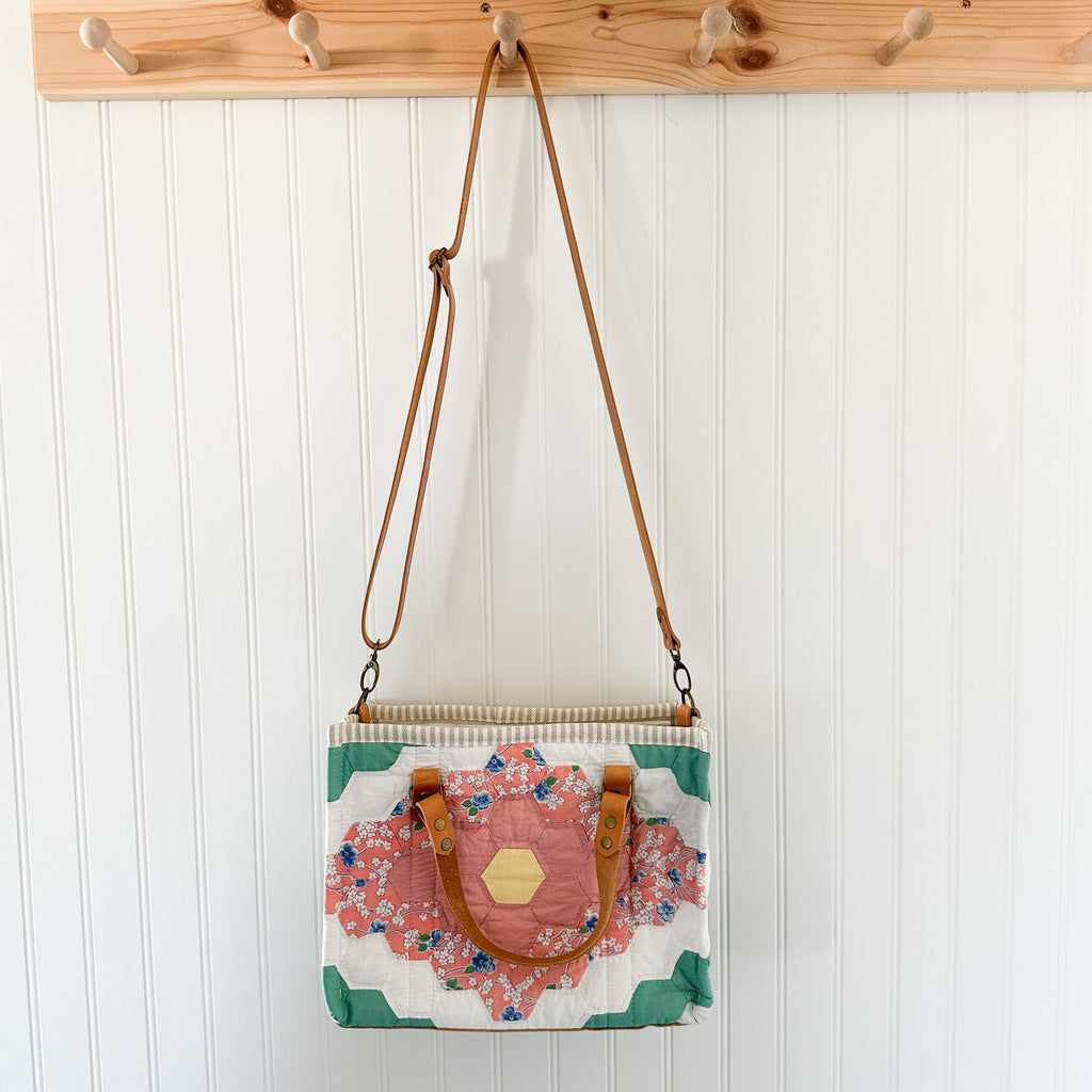 Boxy Bible Bag Vintage Grandmothers Garden Quilt with Leather Handles and Crossbody Strap