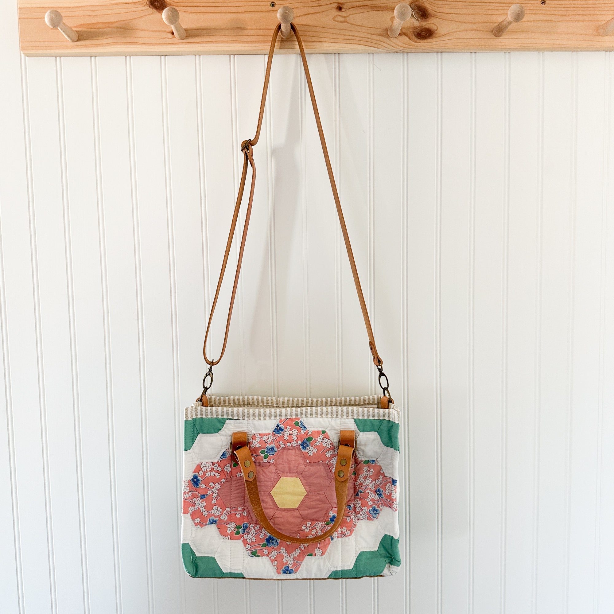 Boxy Bible Bag Vintage Grandmothers Garden Quilt with Leather Handles and Crossbody Strap