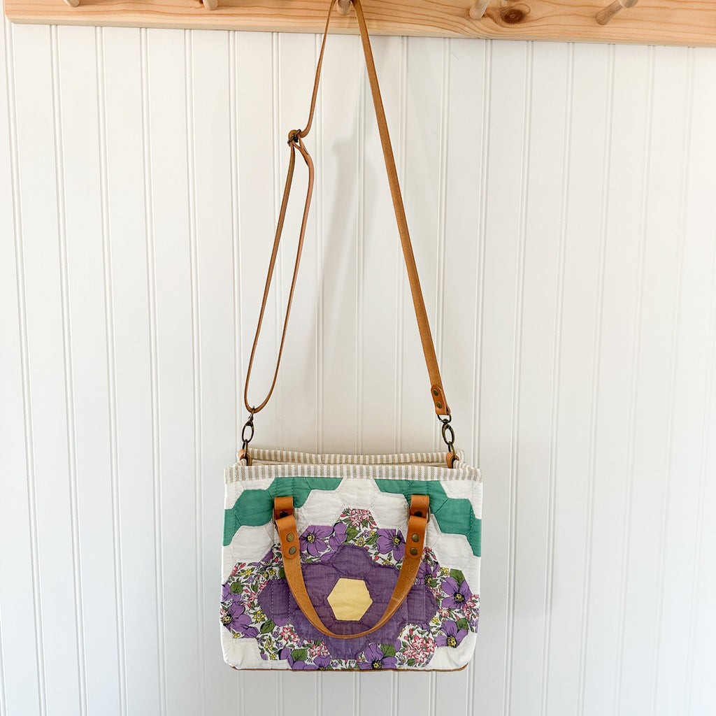 Boxy Bible Bag Vintage Grandmothers Garden Quilt with Leather Handles and Crossbody Strap