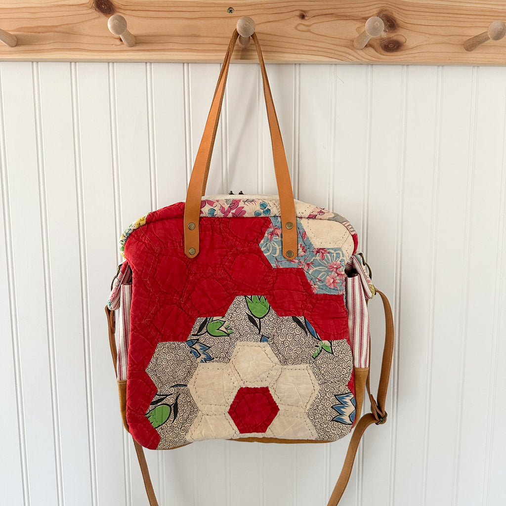 Sunday School Teachers Bag Vintage Grandmothers Garden Quilt with Leather Handles and Crossbody Strap
