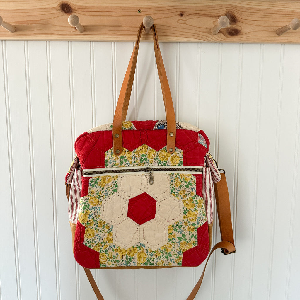 Sunday School Teachers Bag Vintage Grandmothers Garden Quilt with Leather Handles and Crossbody Strap