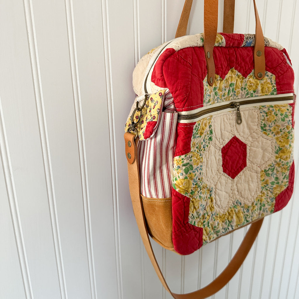 Sunday School Teachers Bag Vintage Grandmothers Garden Quilt with Leather Handles and Crossbody Strap