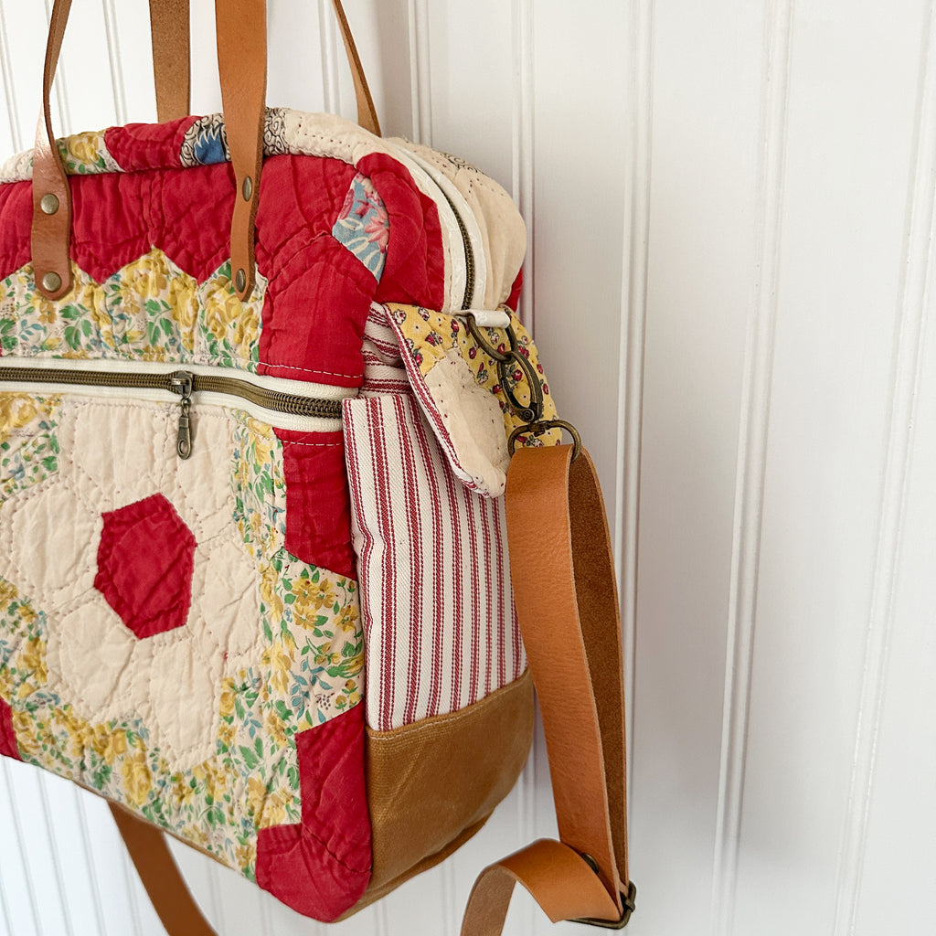 Sunday School Teachers Bag Vintage Grandmothers Garden Quilt with Leather Handles and Crossbody Strap