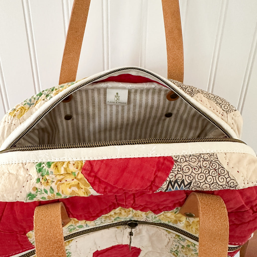 Sunday School Teachers Bag Vintage Grandmothers Garden Quilt with Leather Handles and Crossbody Strap
