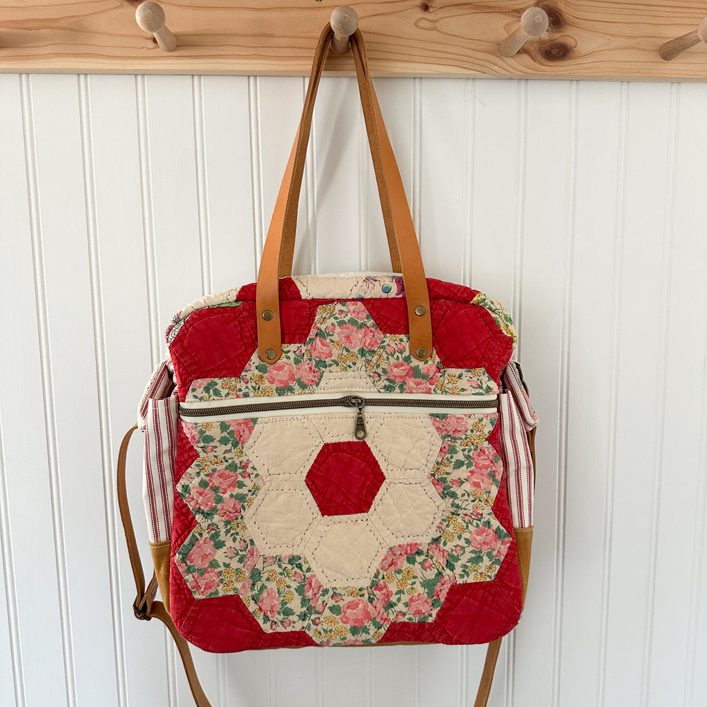 Sunday School Teachers Bag Vintage Grandmothers Garden Quilt with Leather Handles and Crossbody Strap