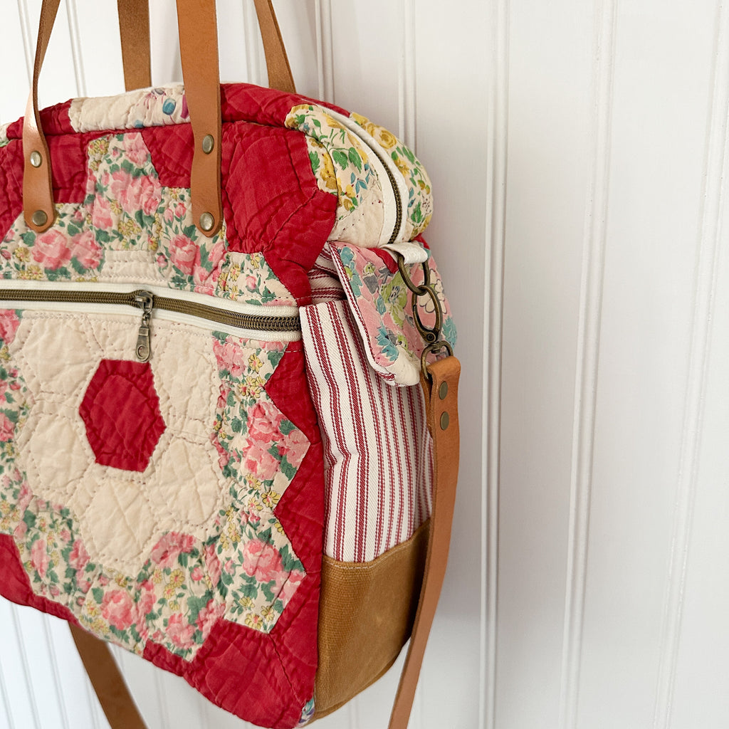 Sunday School Teachers Bag Vintage Grandmothers Garden Quilt with Leather Handles and Crossbody Strap