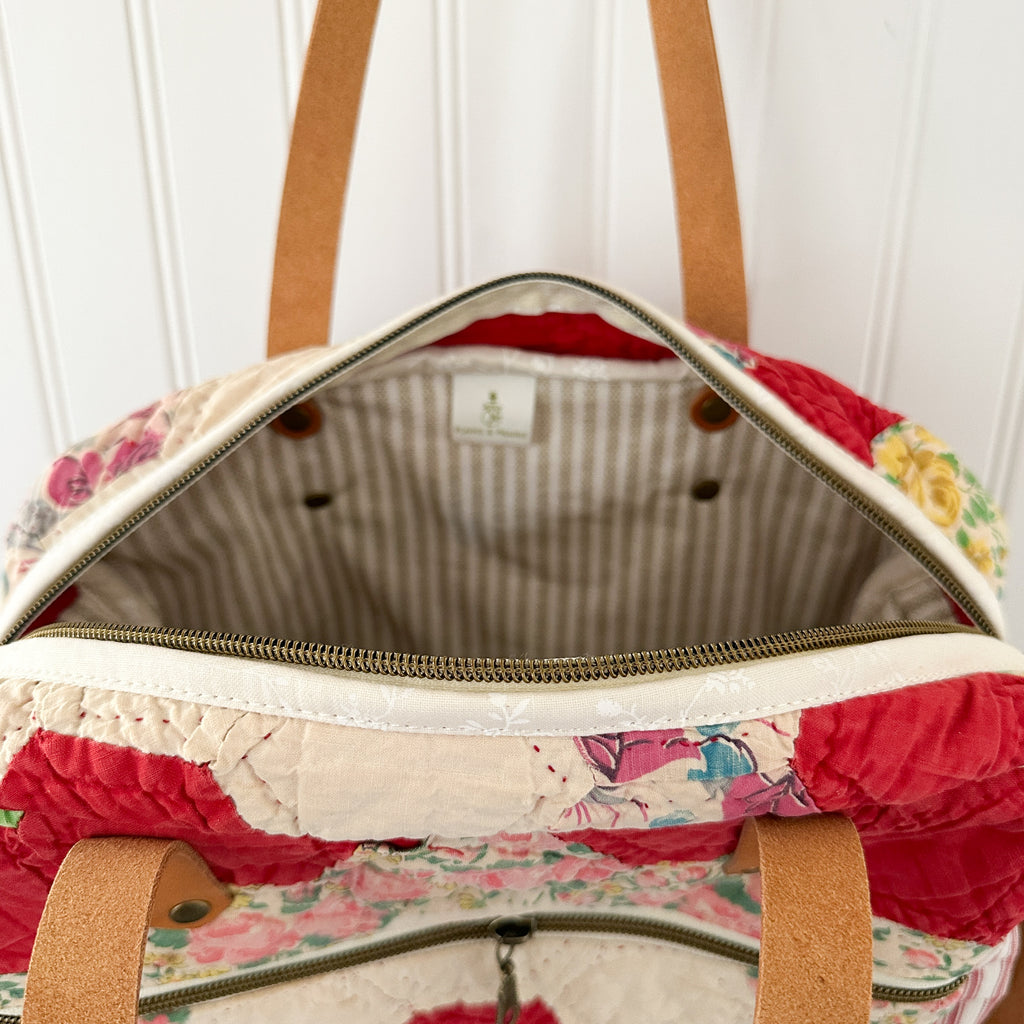 Sunday School Teachers Bag Vintage Grandmothers Garden Quilt with Leather Handles and Crossbody Strap