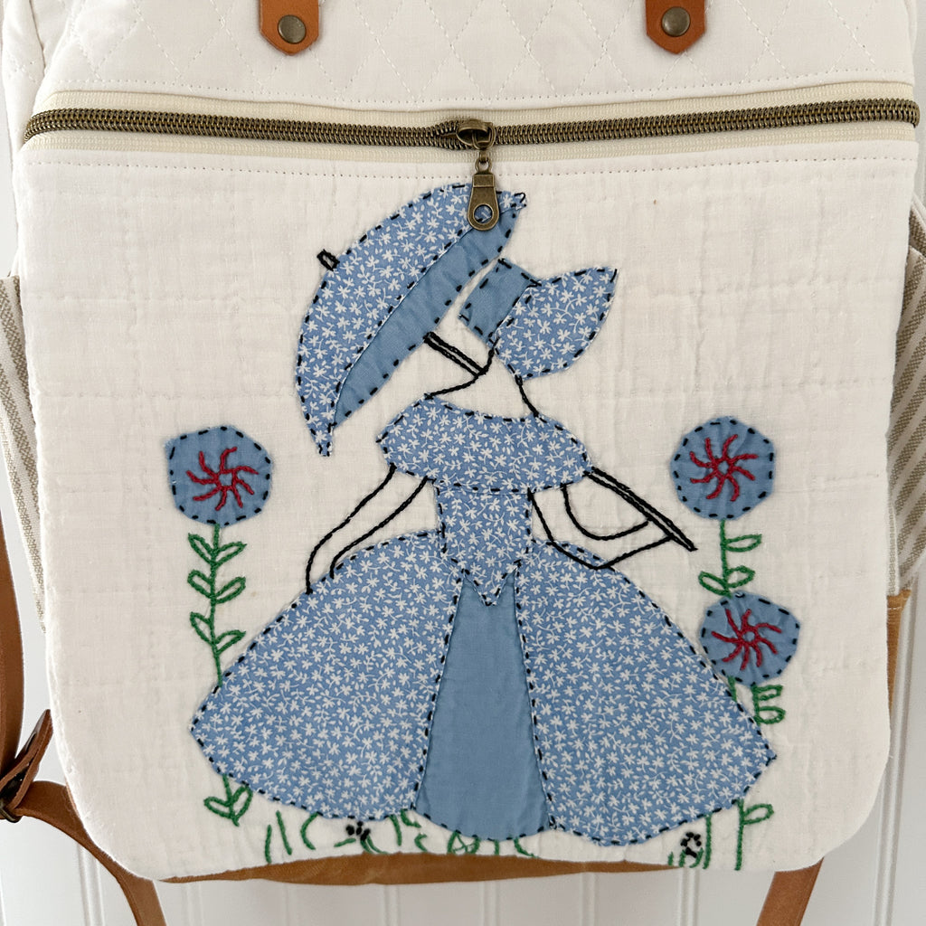 Sunday School Teachers Bag Vintage Ladies with Umbrellas Quilt with Leather Handles and Crossbody Strap