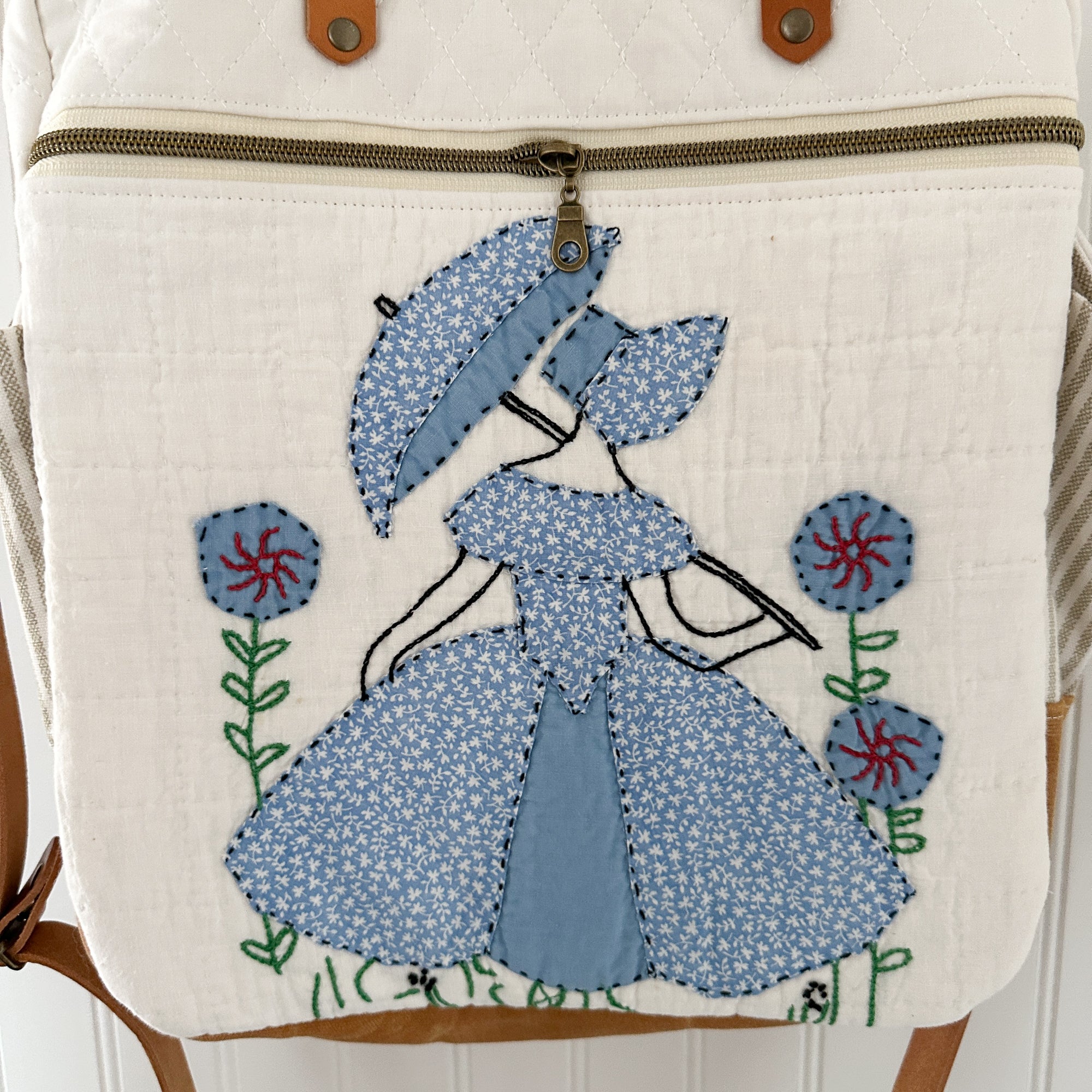 Sunday School Teachers Bag Vintage Ladies with Umbrellas Quilt with Leather Handles and Crossbody Strap