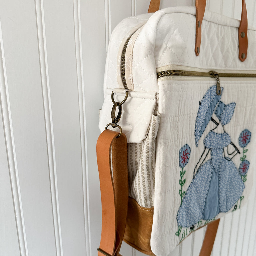 Sunday School Teachers Bag Vintage Ladies with Umbrellas Quilt with Leather Handles and Crossbody Strap