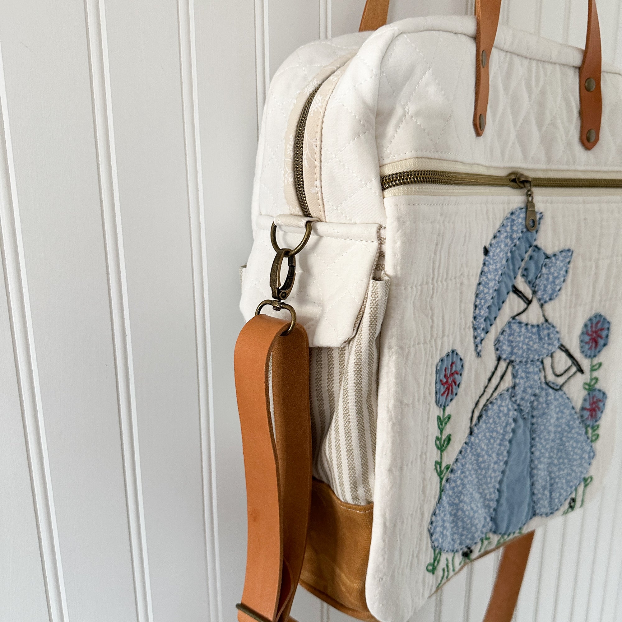 Sunday School Teachers Bag Vintage Ladies with Umbrellas Quilt with Leather Handles and Crossbody Strap