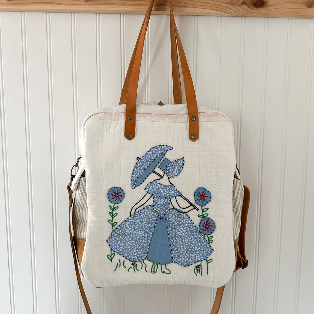 Sunday School Teachers Bag Vintage Ladies with Umbrellas Quilt with Leather Handles and Crossbody Strap