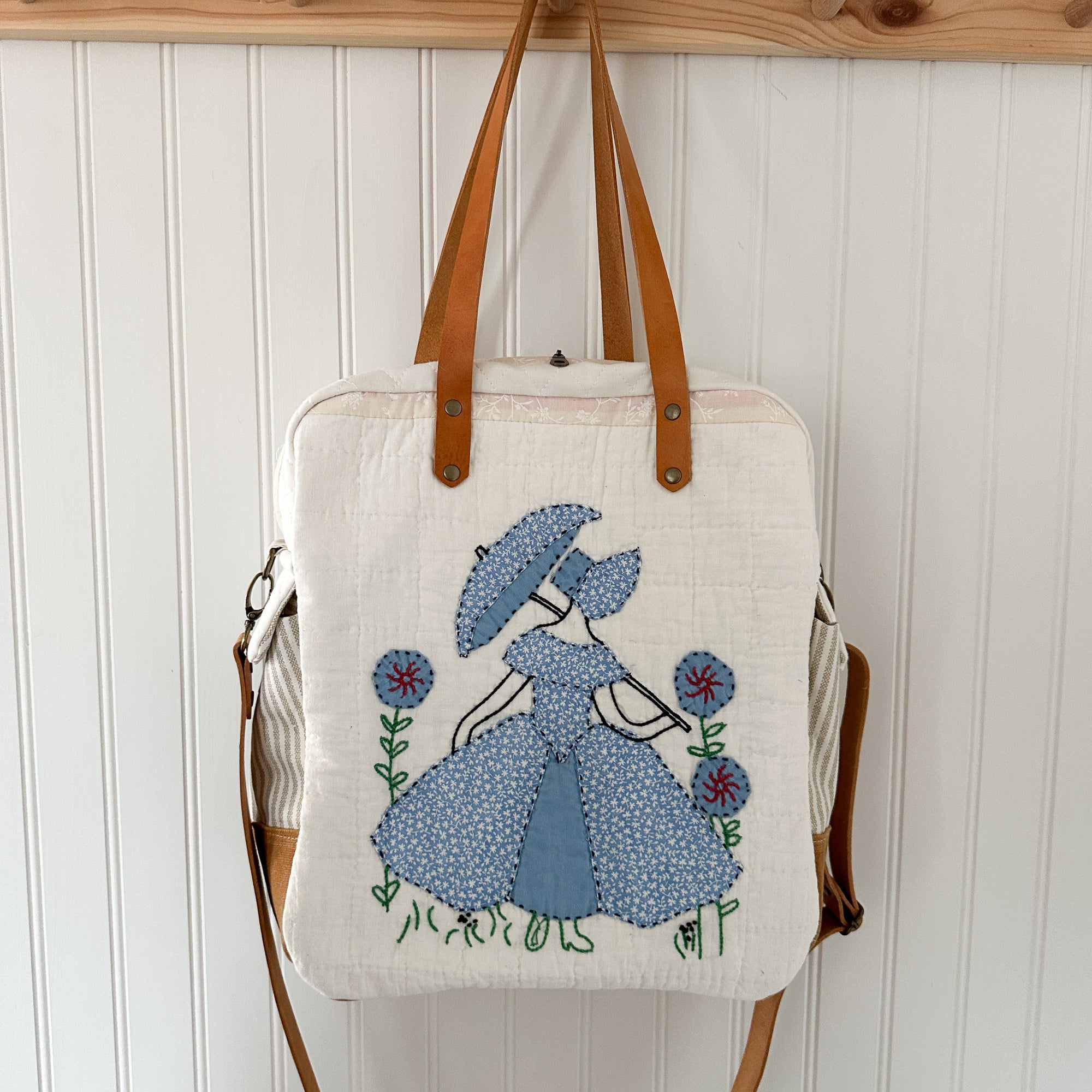 Sunday School Teachers Bag Vintage Ladies with Umbrellas Quilt with Leather Handles and Crossbody Strap