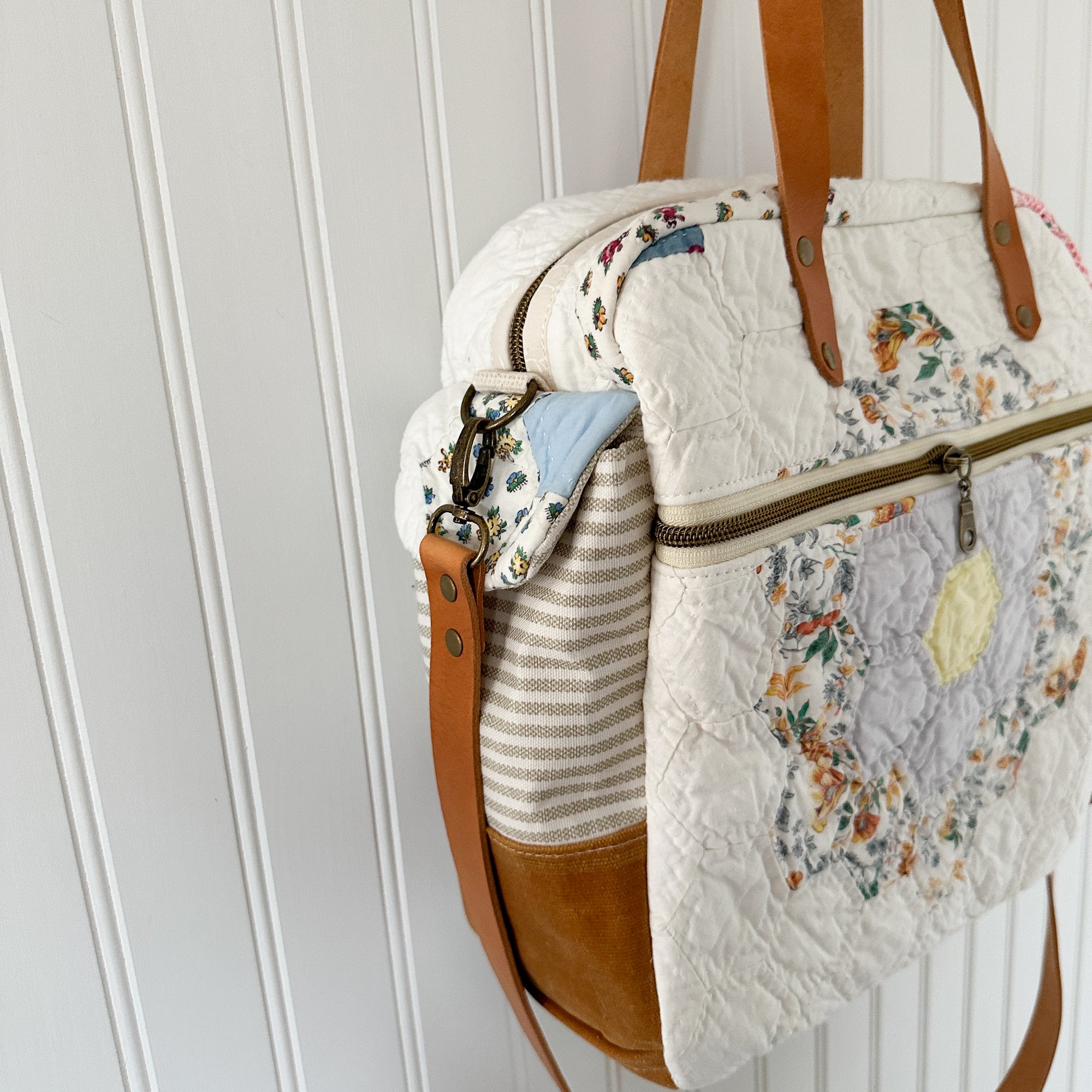 Sunday School Teachers Bag Vintage Grandmothers Garden Quilt with Leather Handles and Crossbody Strap