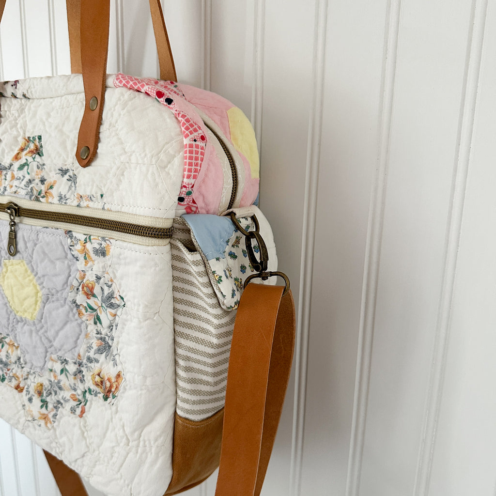 Sunday School Teachers Bag Vintage Grandmothers Garden Quilt with Leather Handles and Crossbody Strap